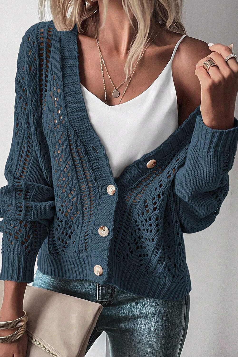 Dark Khaki Hollow Knit Drop Shoulder Cardigan-Chaelisa's New Jammies