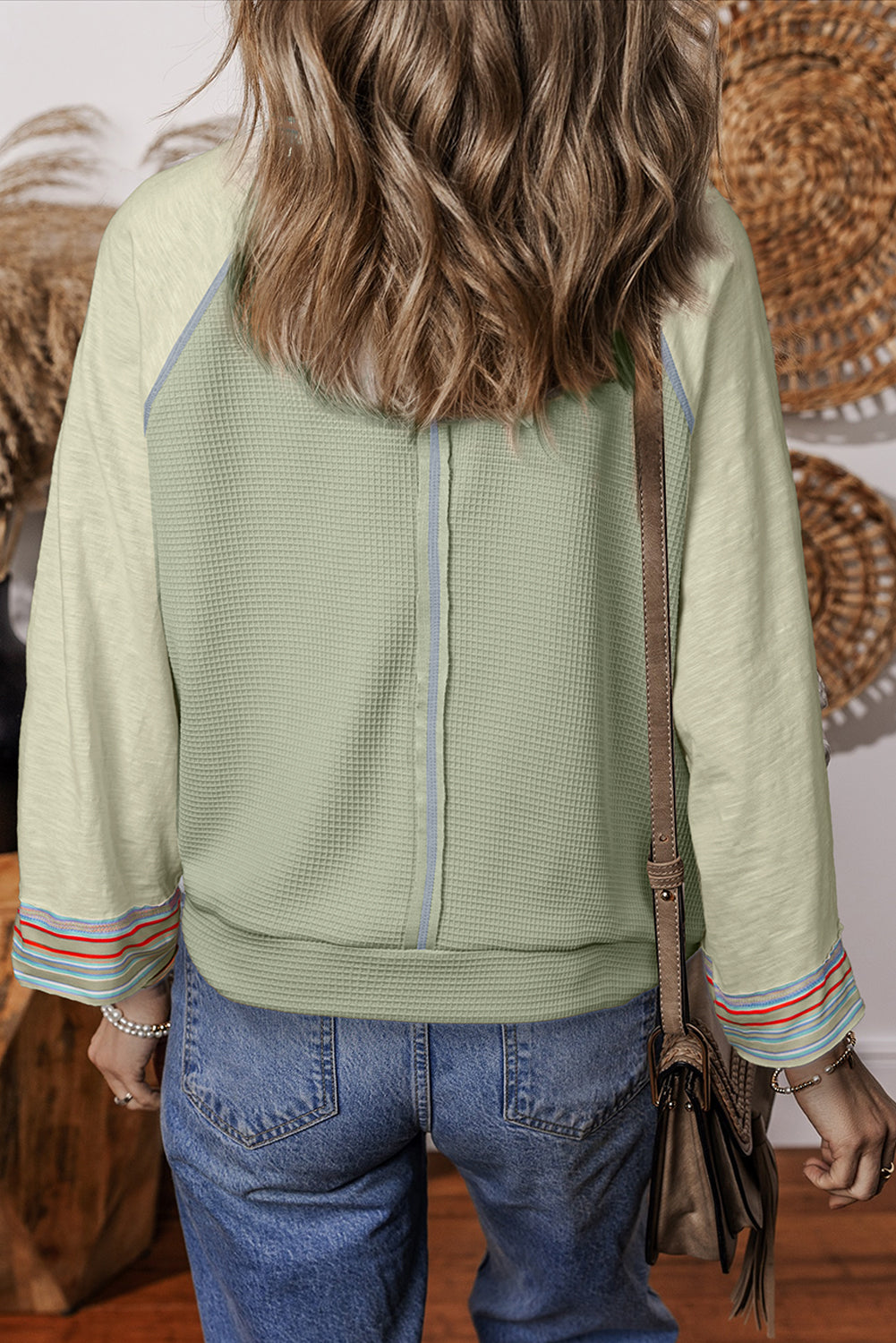 Meadow Mist Green Waffle Knit Wide Bracelet Sleeve Patchwork Raglan Top-Chaelisa's New Jammies