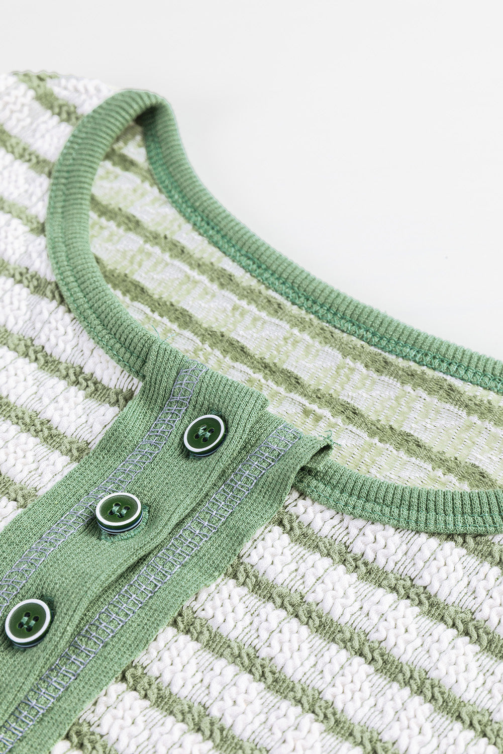 Green Stripe Textured Frilly Trim Buttons Henley Long Sleeve Top-Chaelisa's New Jammies