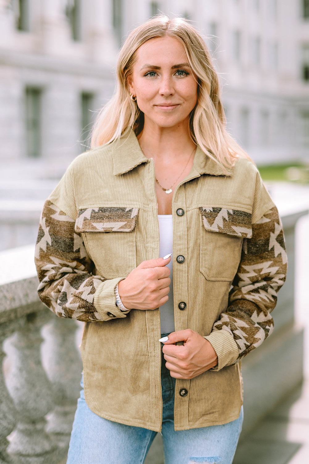 Khaki Aztec Print Patchwork Frayed Edge Corduroy Jacket-Chaelisa's New Jammies
