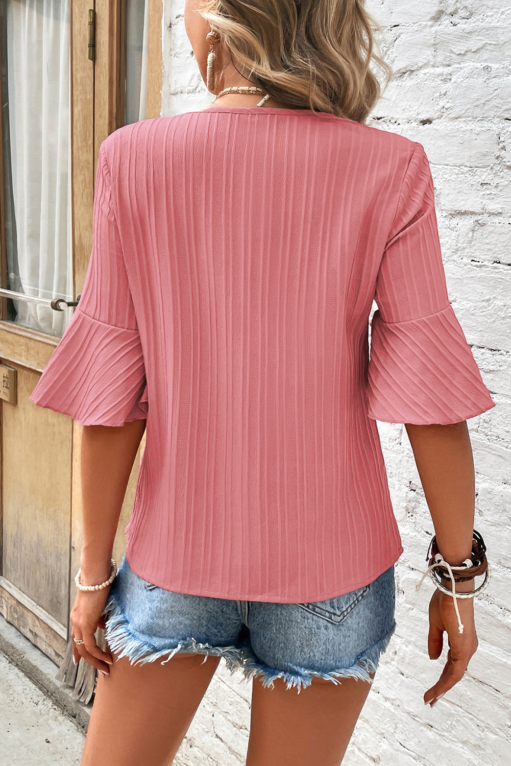 Peach Blossom Ruffled Half Sleeve V Neck Textured Top-Chaelisa's New Jammies