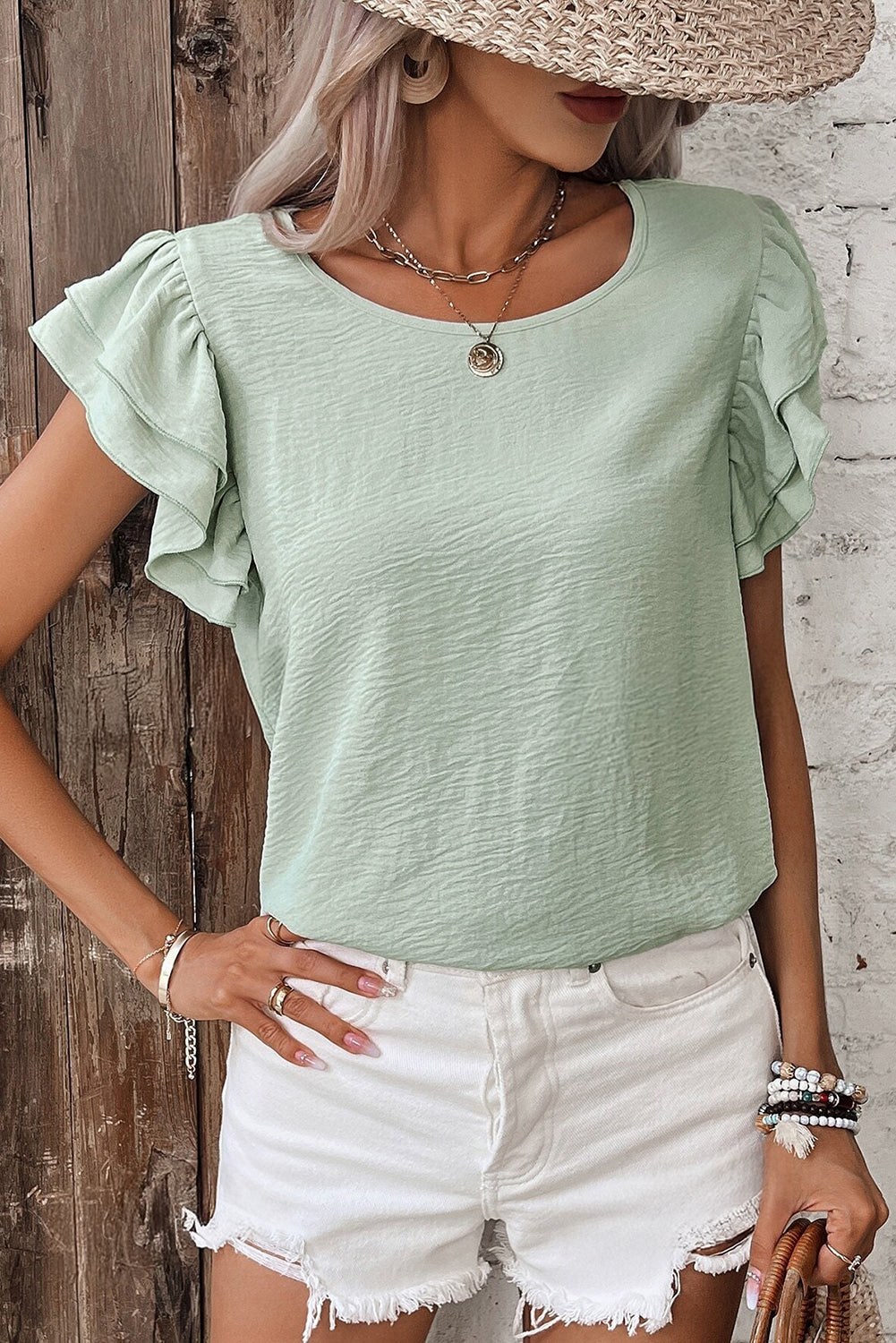 Clearly Aqua Solid Color Ruffled Short Sleeve Casual Blouse-Chaelisa's New Jammies