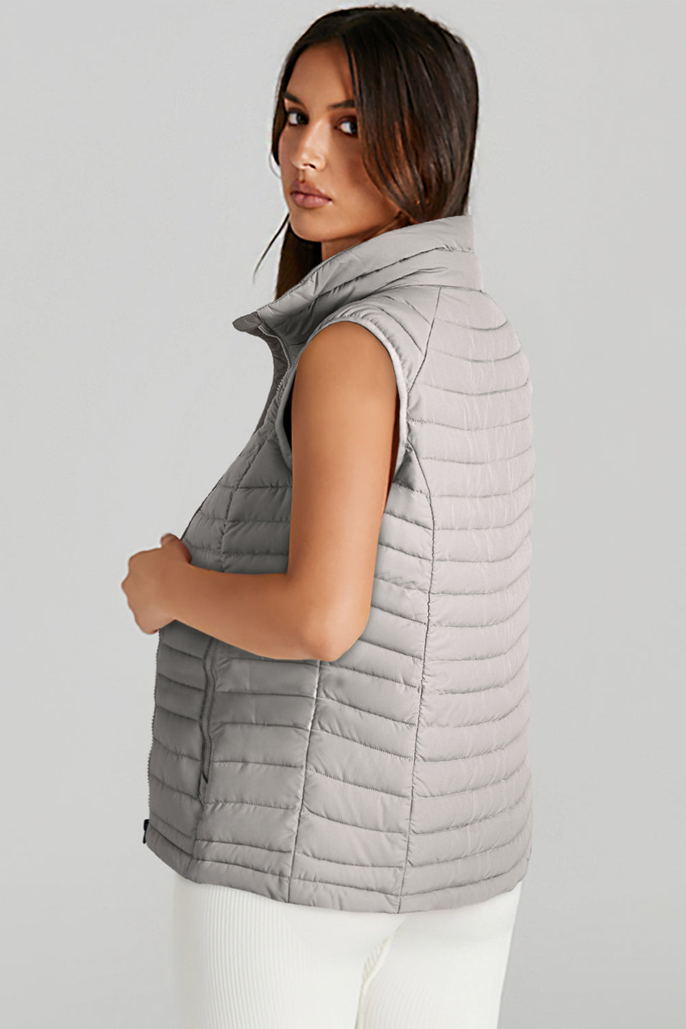 Silvery Plush Collared Quilted Zipped Puffer Vest-Chaelisa's New Jammies