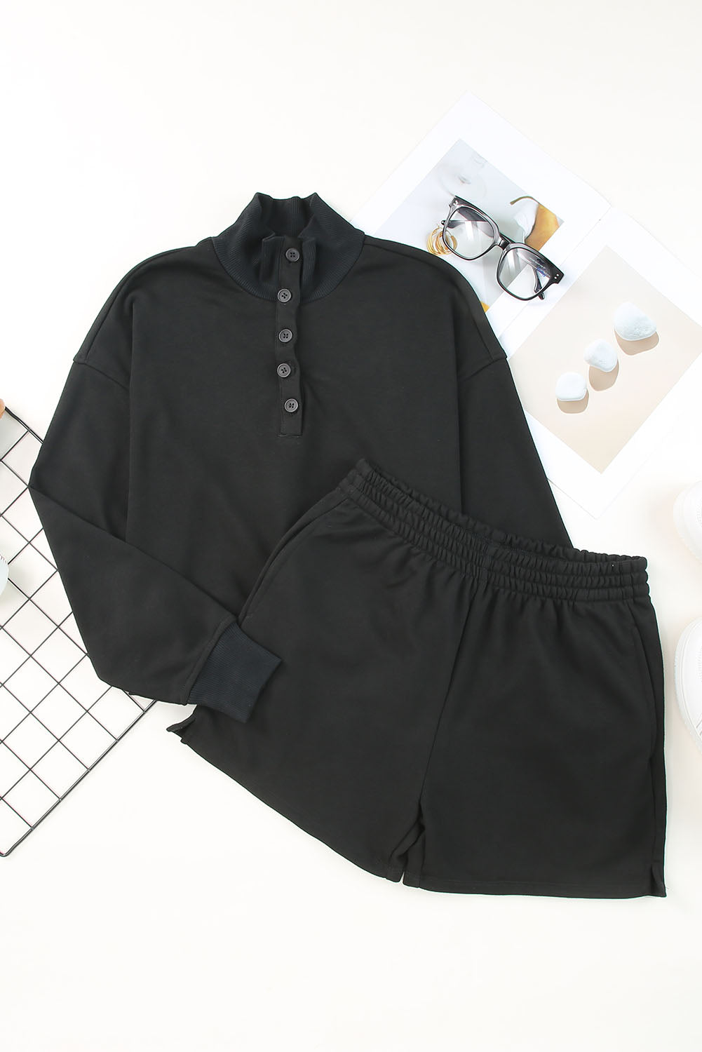 Black Casual High Neck Henley Top and Short Outfit-Chaelisa's New Jammies
