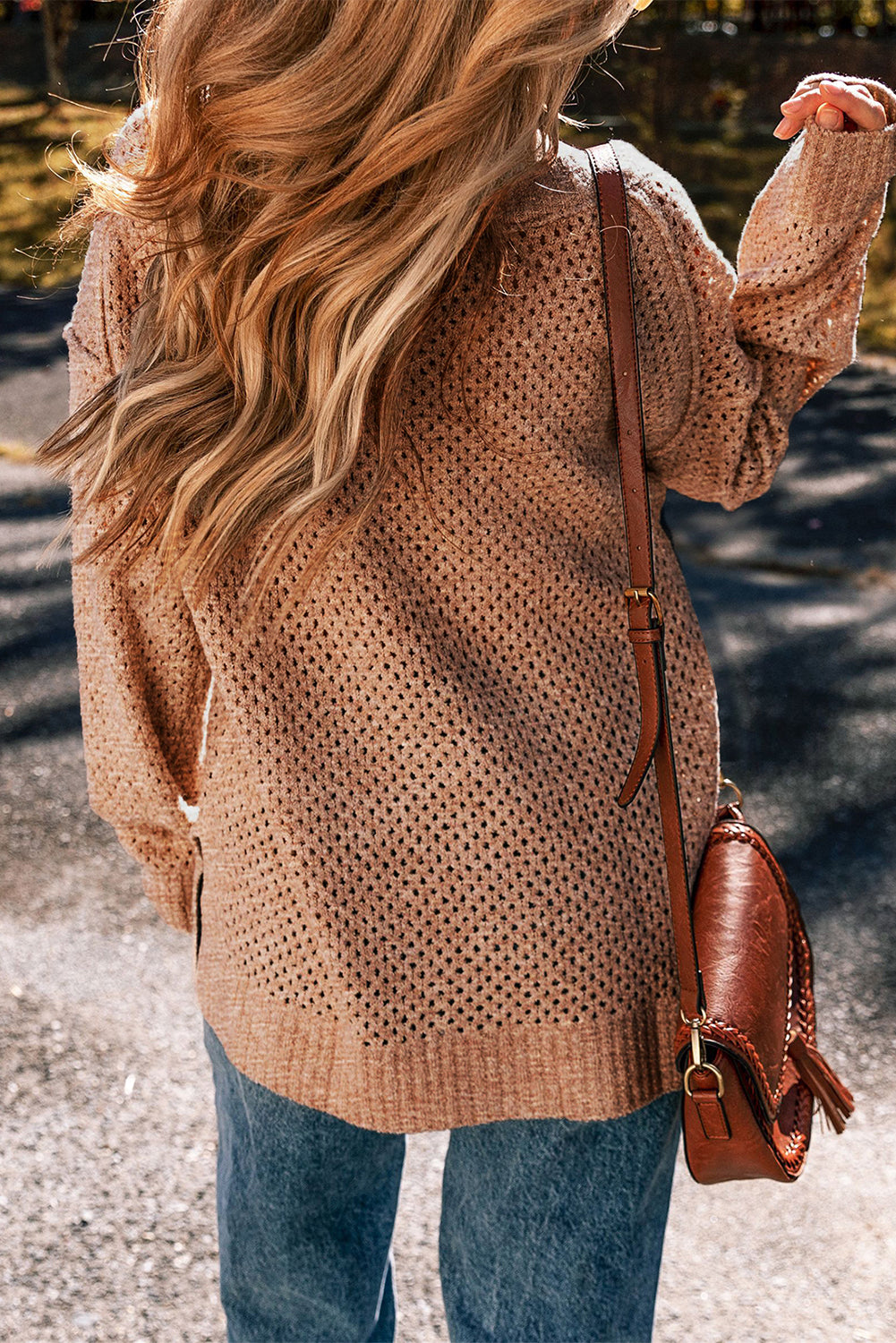 Dark Brown Loose Eyelet V Neck Drop Shoulder Sweater-Chaelisa's New Jammies