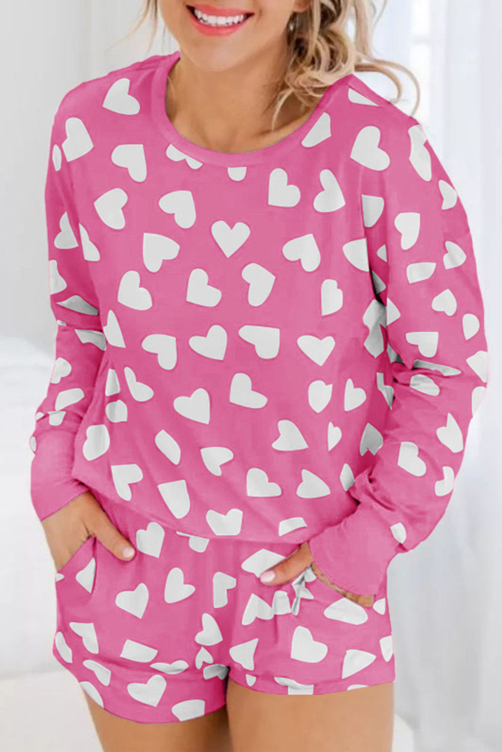 Pink Valentine Heart Shape Print Long Sleeve Top Shorts Lounge Set-Chaelisa's New Jammies
