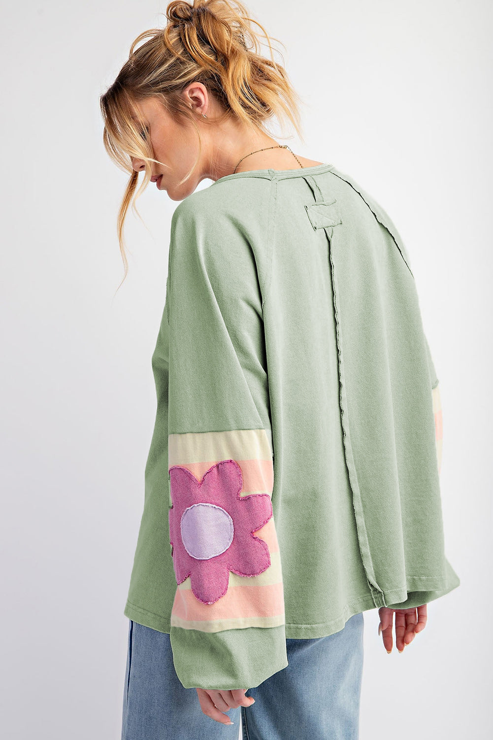 Smoke Green Flower Patchwork Raglan Sleeve Exposed Seam Oversized Top-Chaelisa's New Jammies