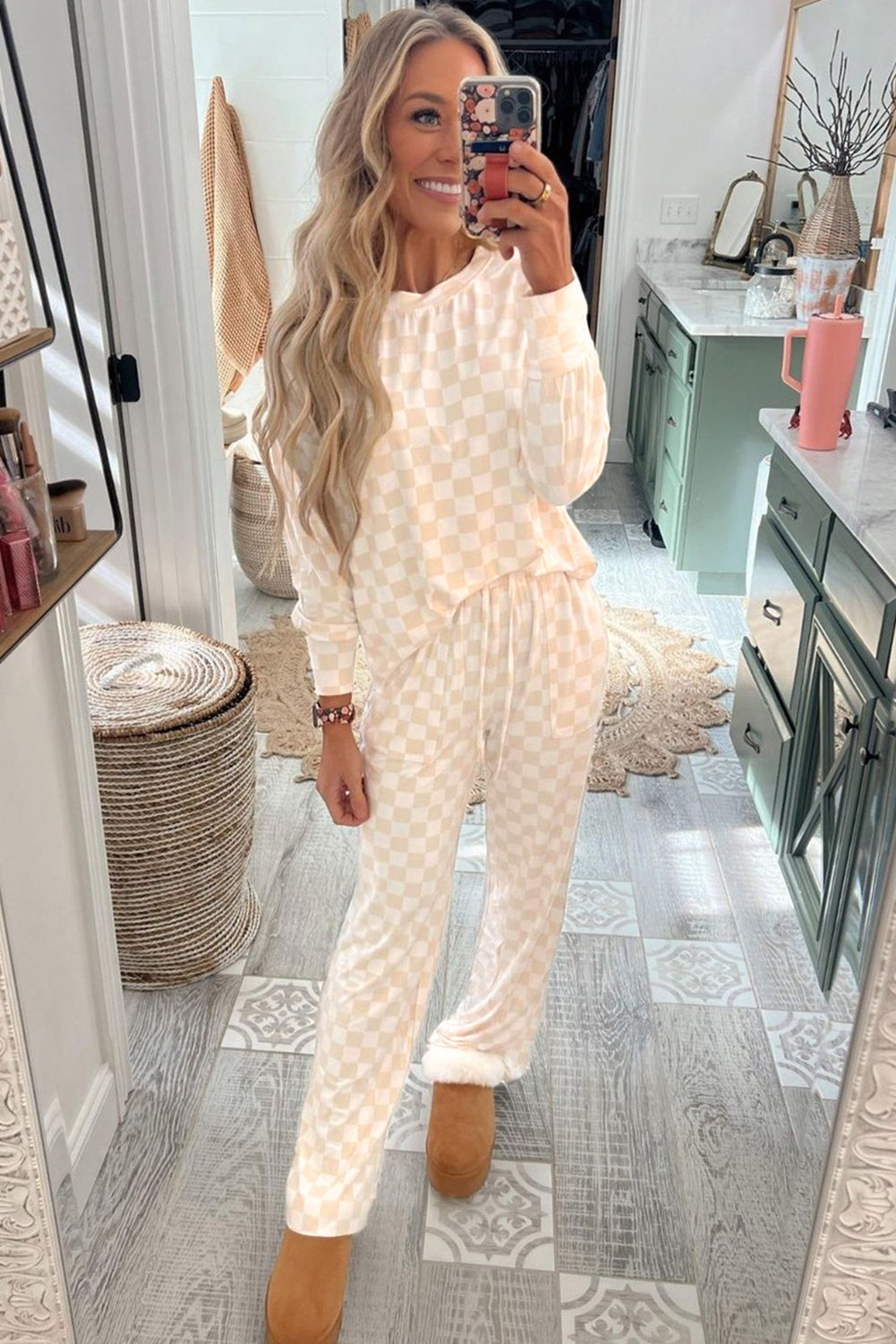 Beige Checkered Print Long Sleeve Top and Pants Lounge Set-Chaelisa's New Jammies