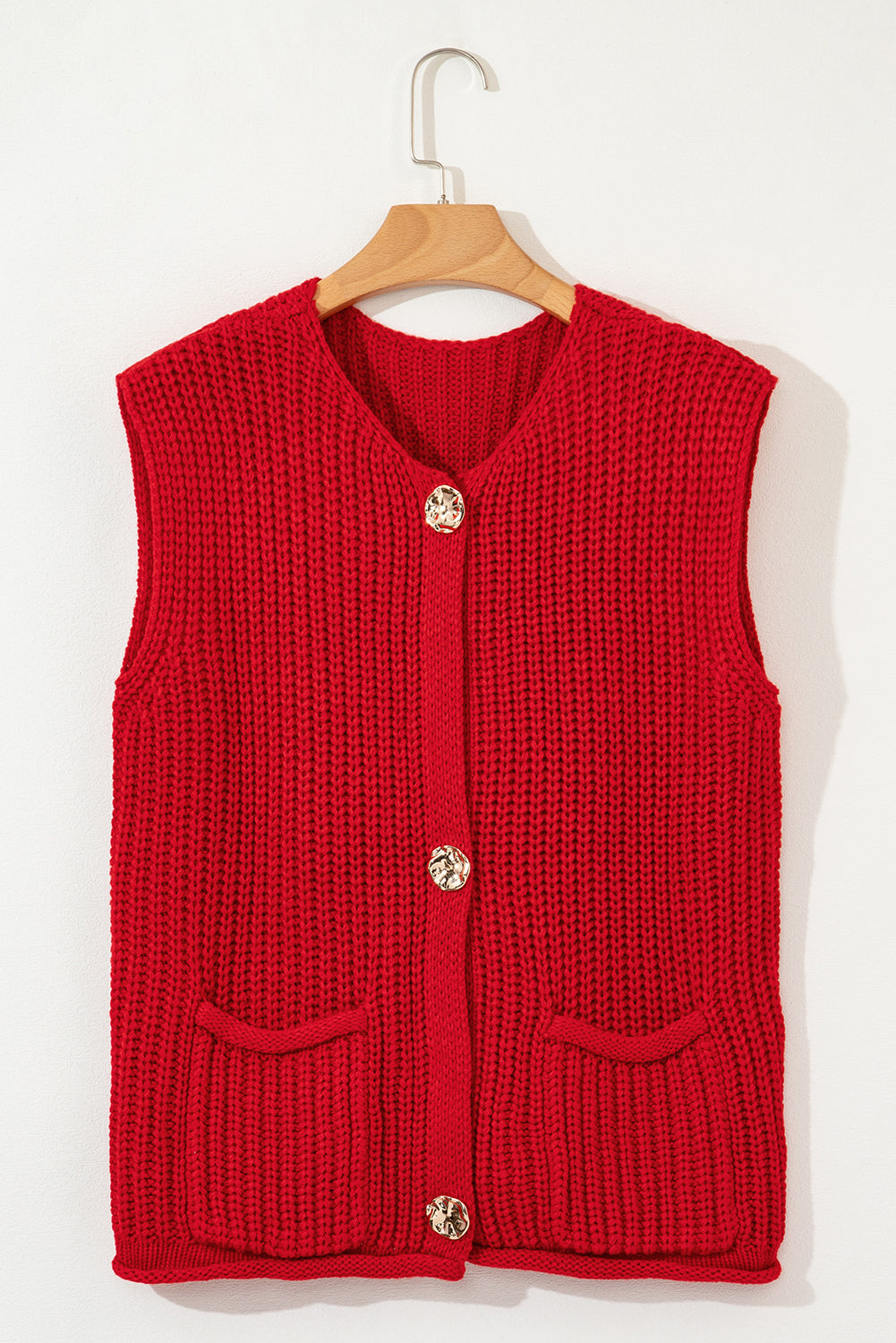 Fiery Red Solid Textured Knit Side Pockets Buttoned Sweater Vest-Chaelisa's New Jammies