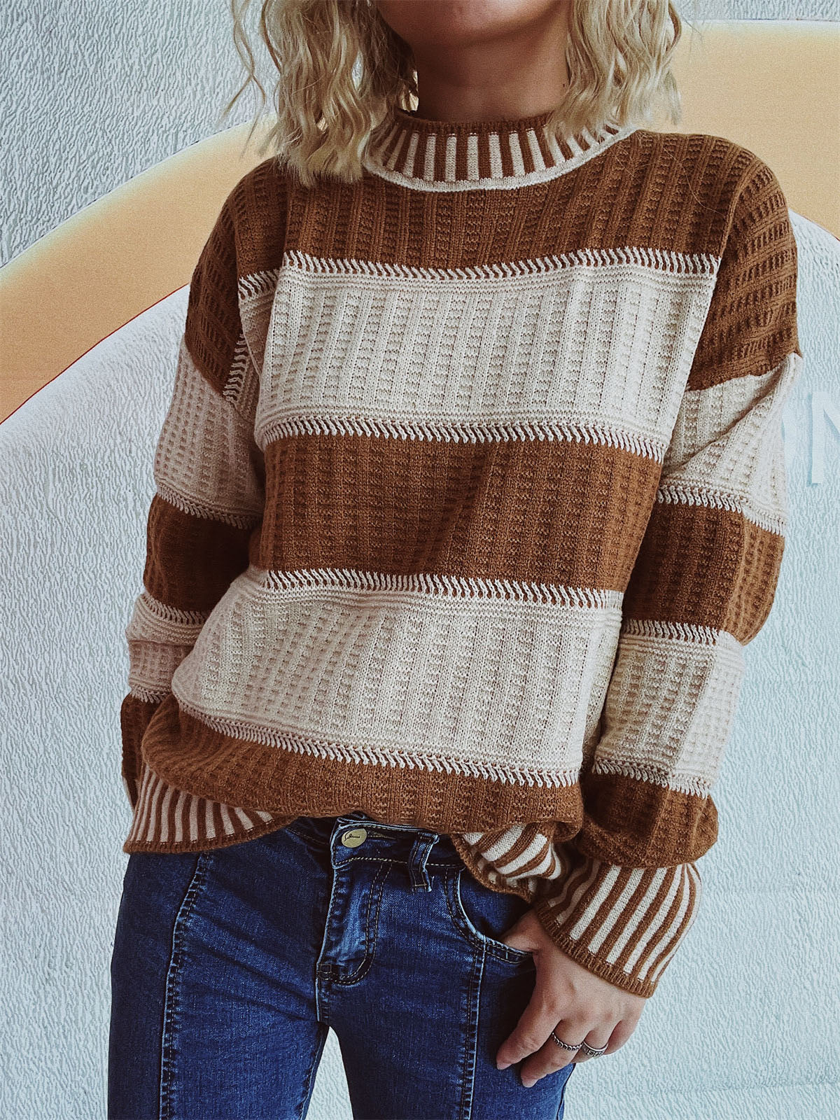 Contrast Round Neck Long Sleeve Sweater-Chaelisa's New Jammies