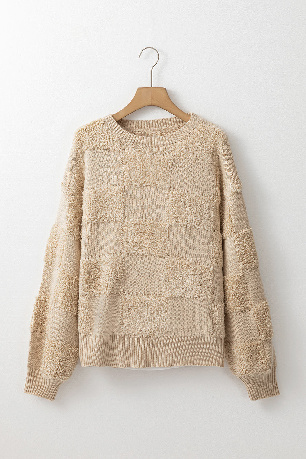 Parchment Checkered Sherpa Crew Neck Loose Sweater-Chaelisa's New Jammies