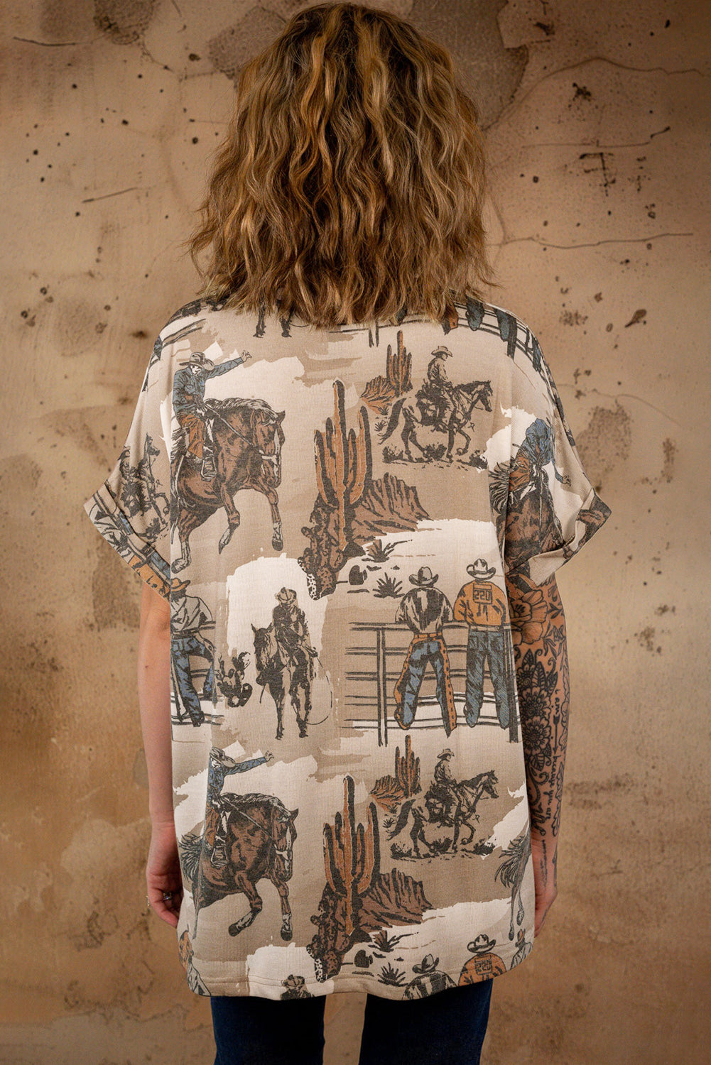 Khaki Western Cowboy Print Cuffed Sleeve Crewneck T Shirt-Chaelisa's New Jammies