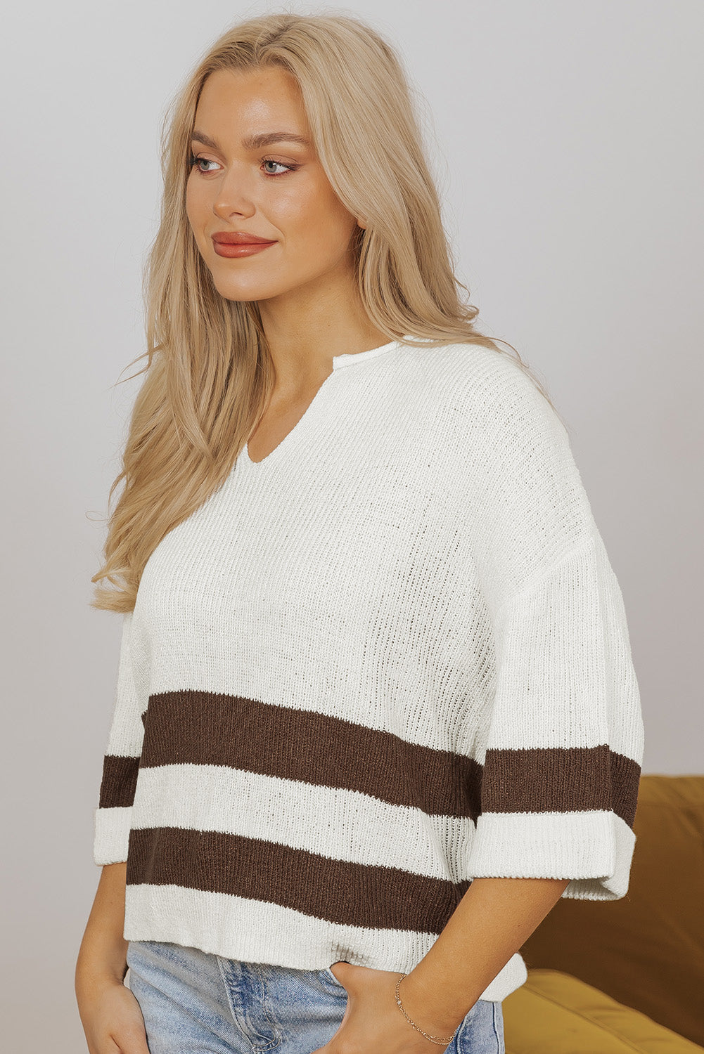 Brown Striped Accent Notched V Neck Cropped Sweater T Shirt-Chaelisa's New Jammies