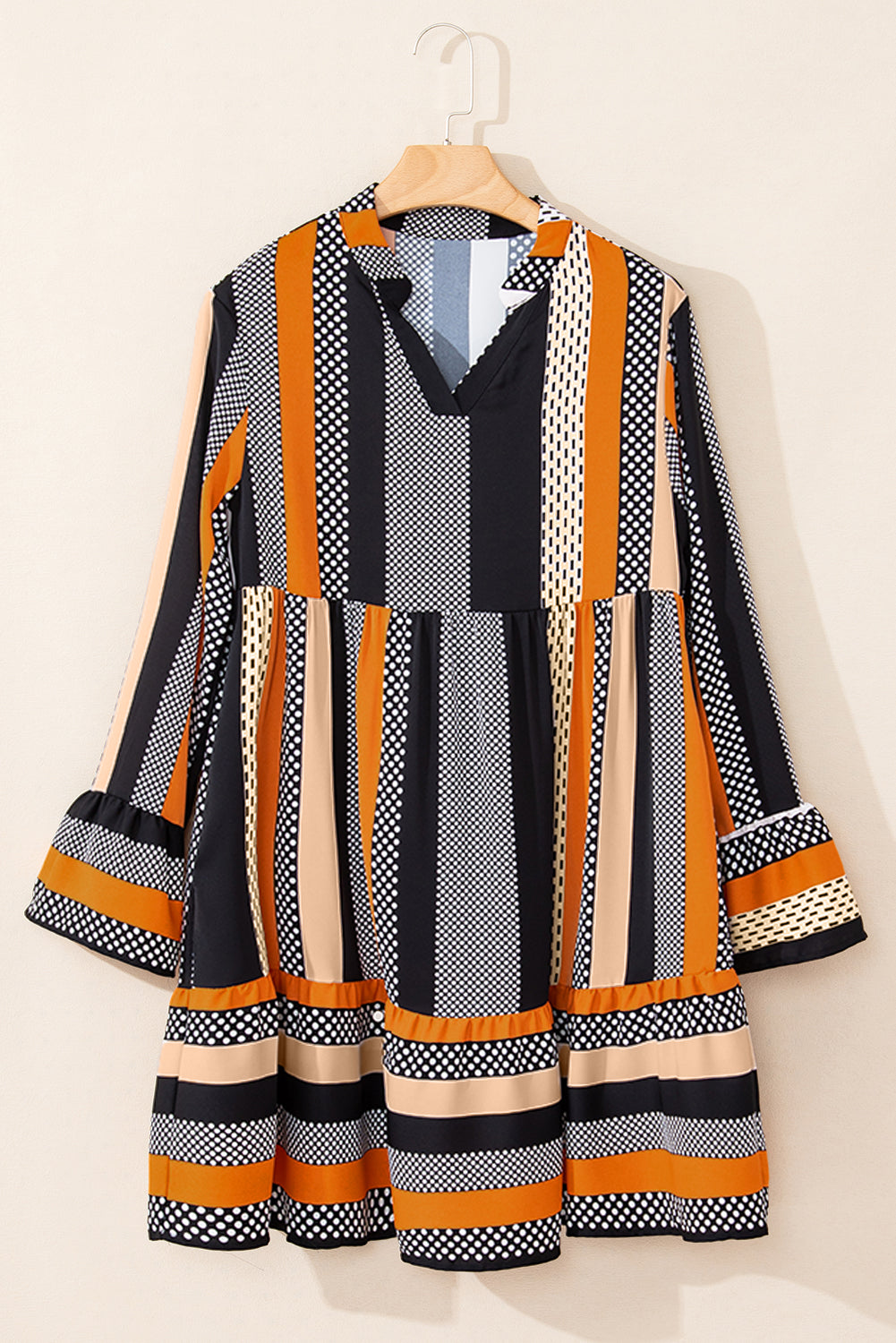 Black Striped Polka Dot Print Ruffled Hem V Neck Mini Dress-Chaelisa's New Jammies