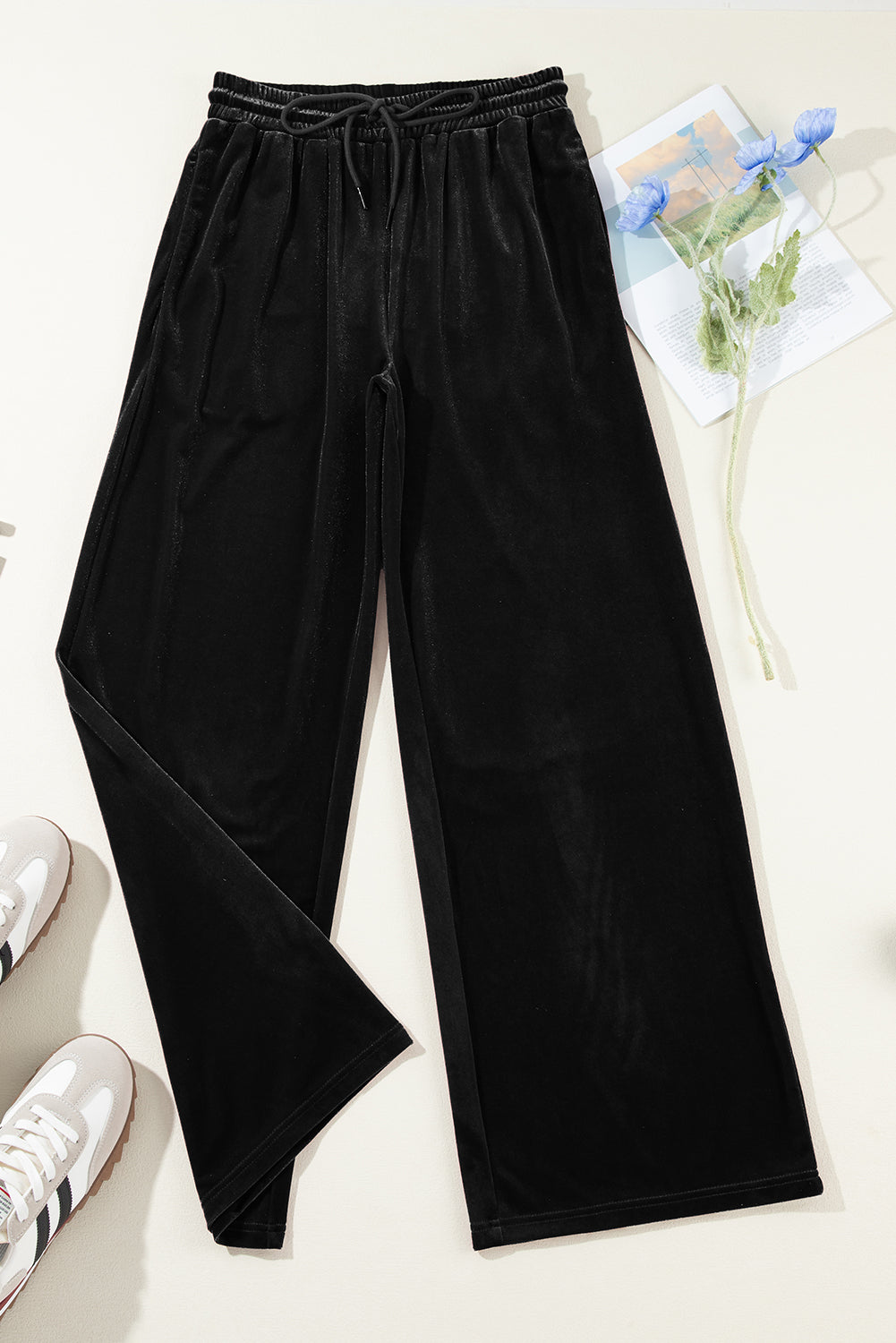 Black Solid Drawstring Waist Wide Leg Pants-Chaelisa's New Jammies