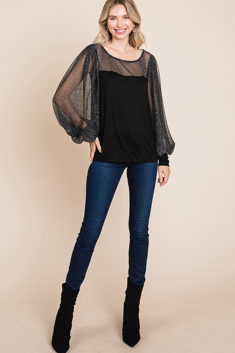Super Lady Full Size Metallic Mesh Lantern Sleeve Blouse-Chaelisa's New Jammies