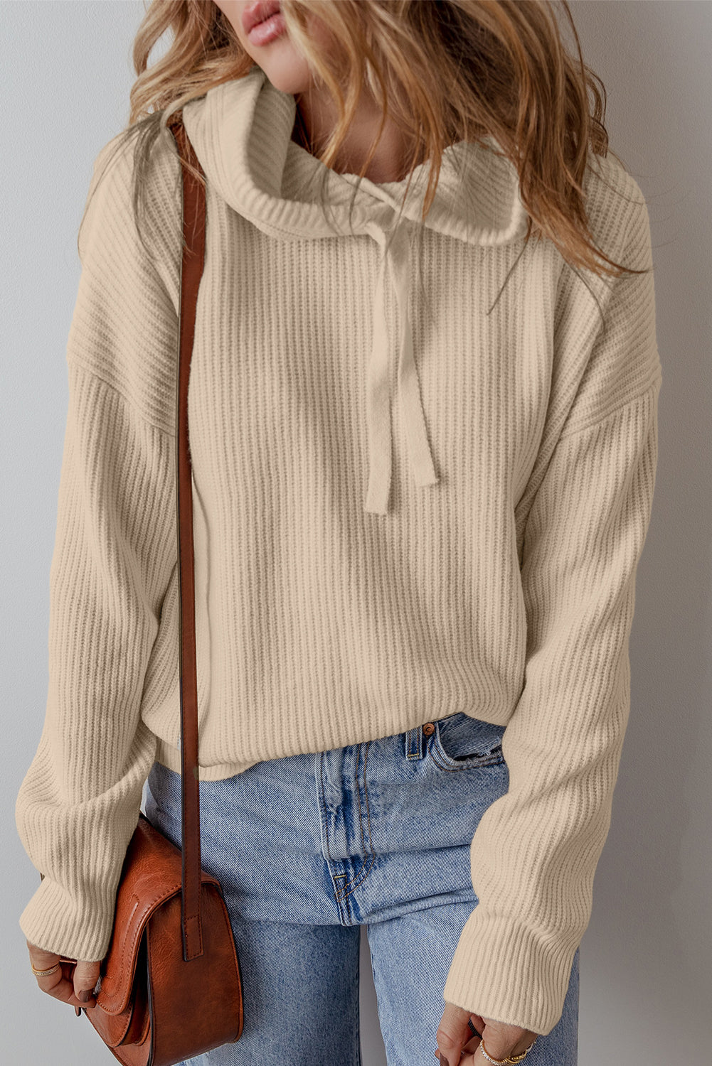 Beige Solid Color Drawstring Hooded Drop Shoulder Pullover Sweater-Chaelisa's New Jammies