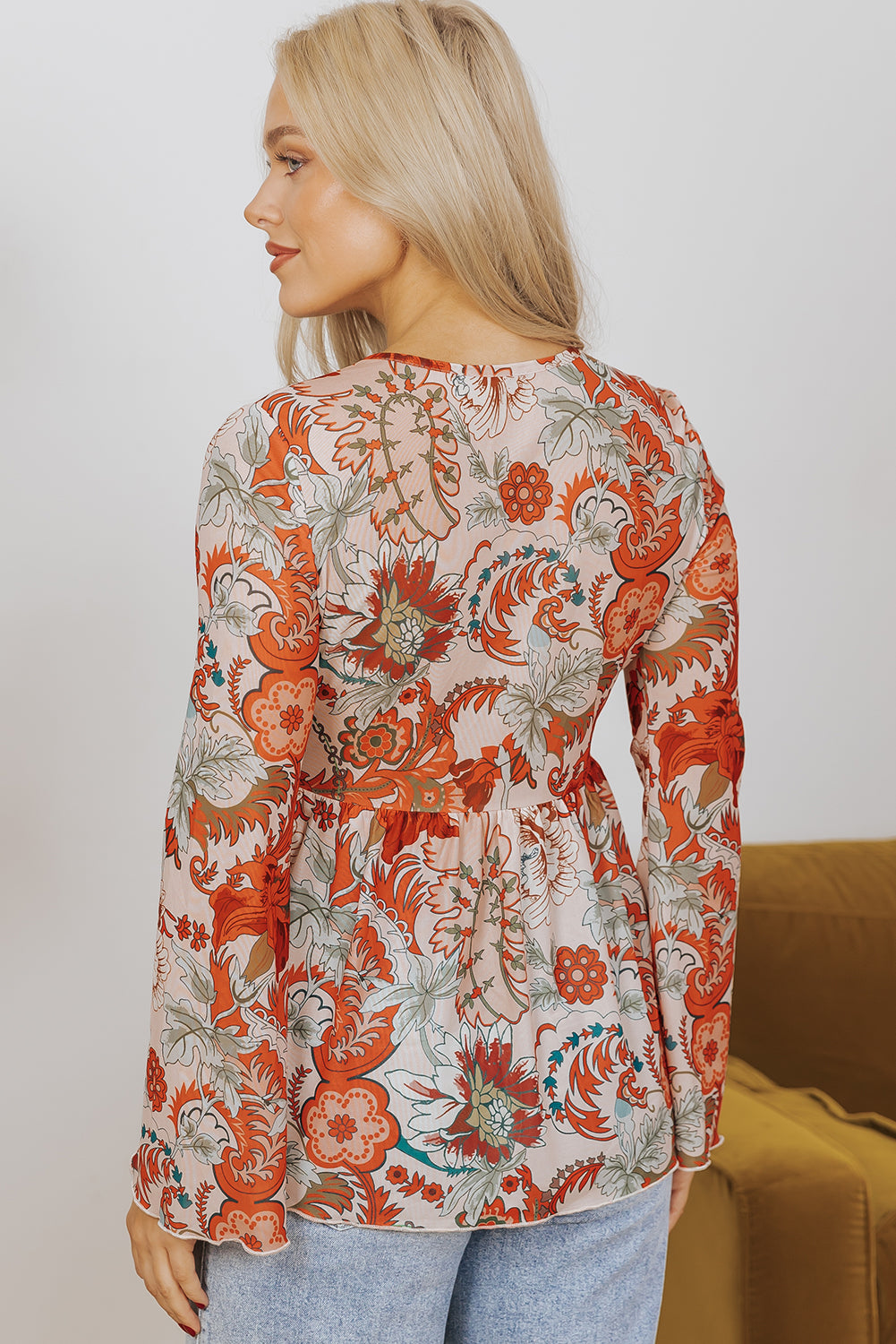 Orange Floral Print Deep V Neck Knot Bell Sleeve Blouse-Chaelisa's New Jammies