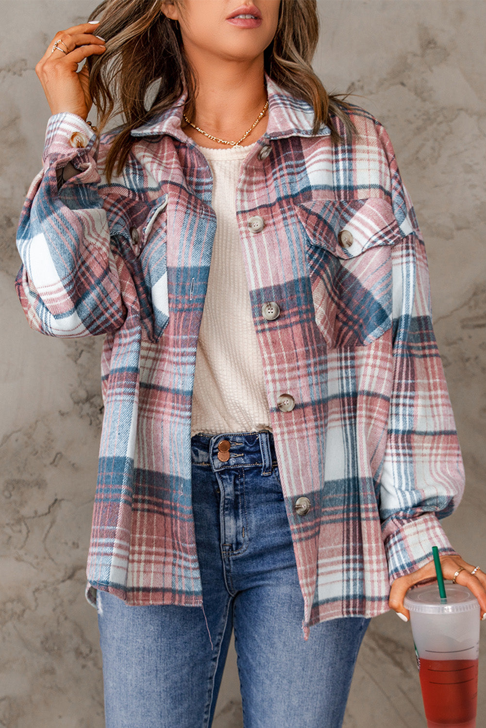 Pink & Grey Plaid Button Up Collared Flannel Shacket-Chaelisa's New Jammies