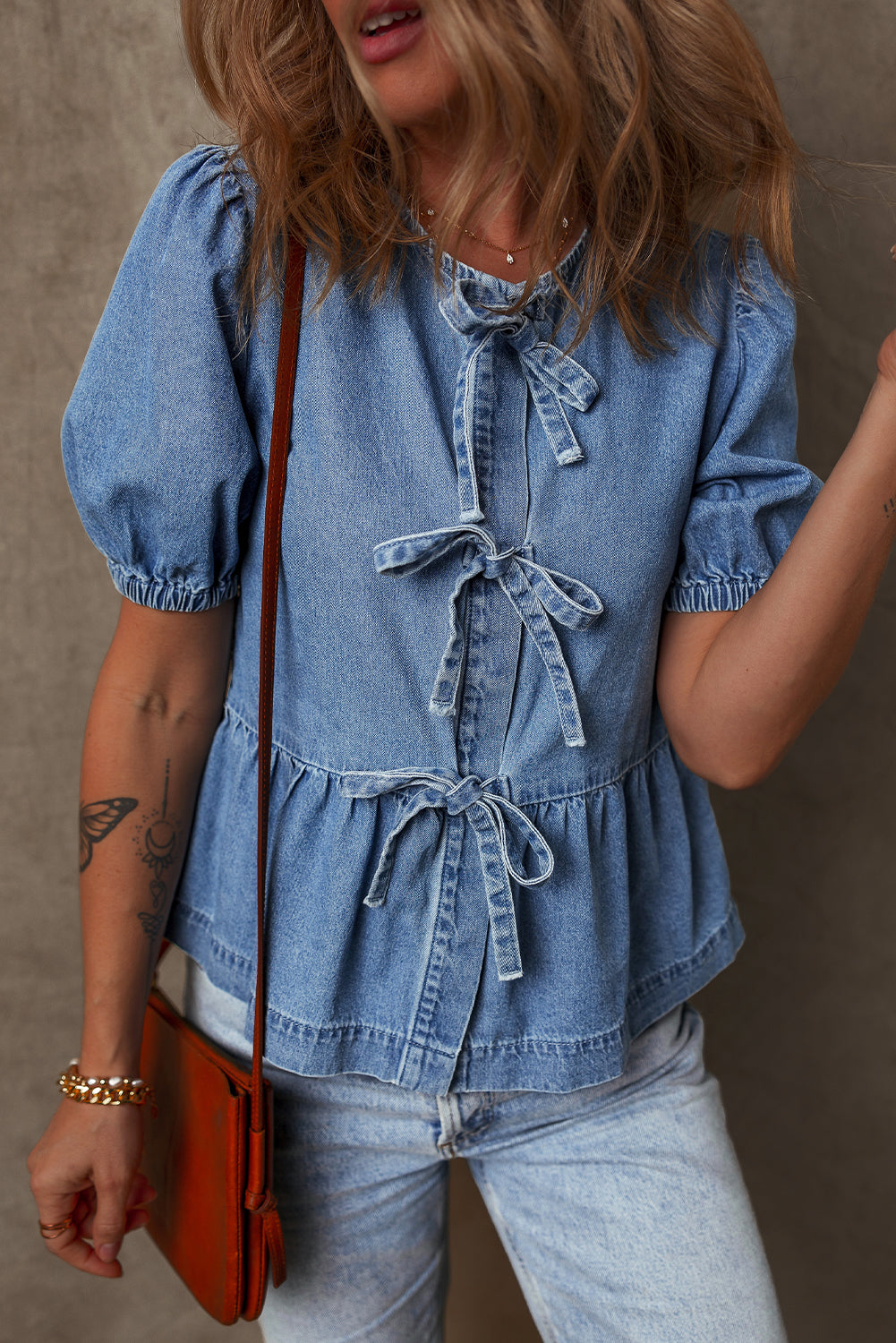 Dusk Blue Tied Front Bubble Sleeve Peplum Denim Shirt-Chaelisa's New Jammies