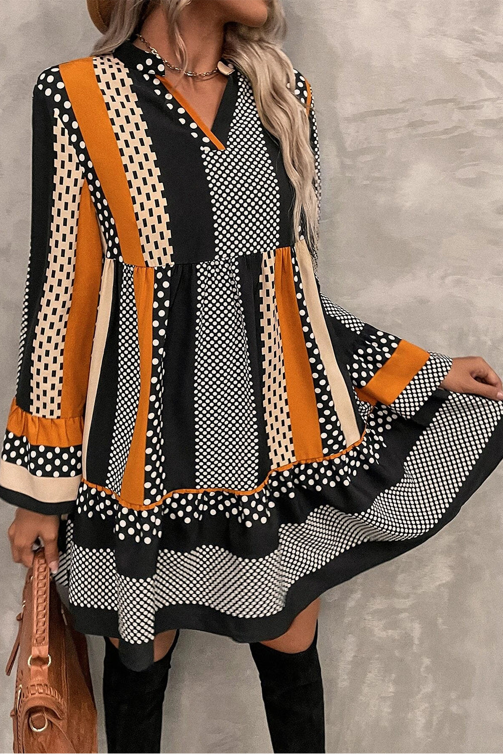 Black Striped Polka Dot Print Ruffled Hem V Neck Mini Dress-Chaelisa's New Jammies