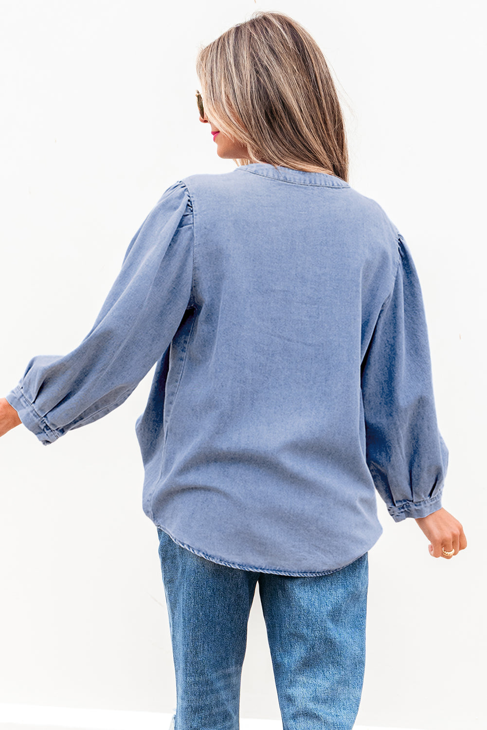 Myosotis Denim Front Pintuck Bow Tie Puff Sleeve Top-Chaelisa's New Jammies