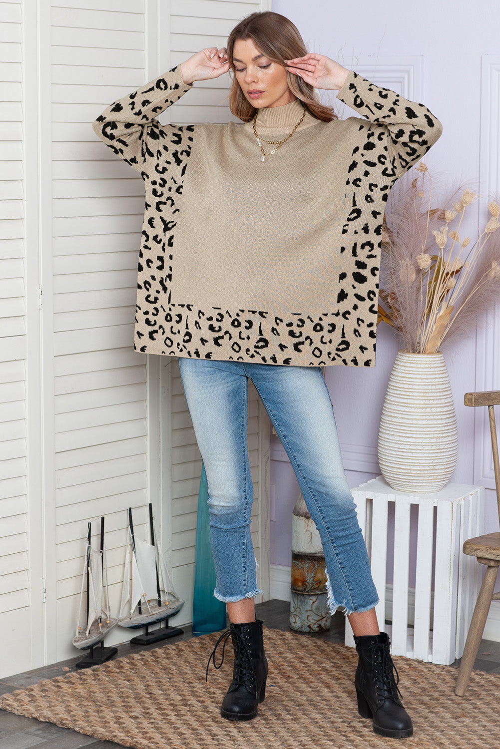 Khaki Leopard Casual Side Slit High Neck Oversized Sweater-Chaelisa's New Jammies