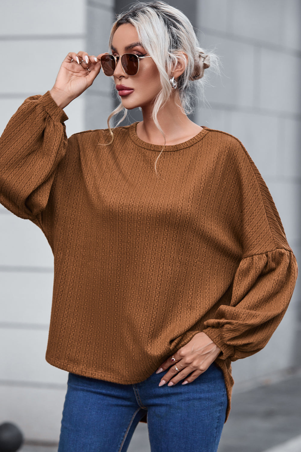 Faux Knit Jacquard Puffy Long Sleeve Top-Chaelisa's New Jammies