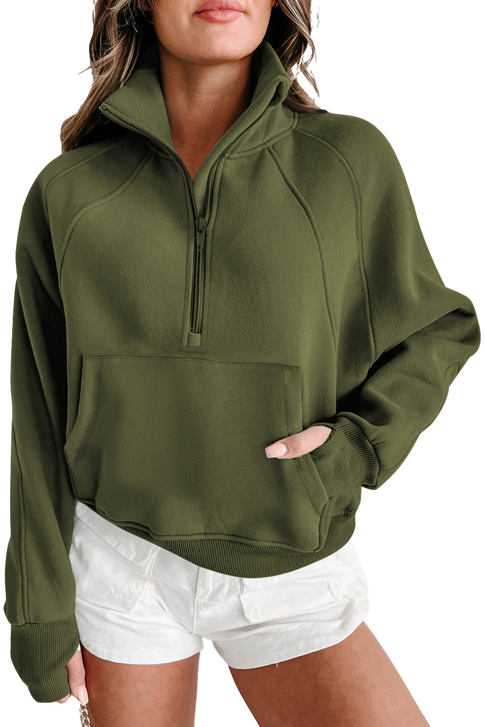 Gray Zip Up Stand Collar Ribbed Thumbhole Sleeve Sweatshirt-Chaelisa's New Jammies