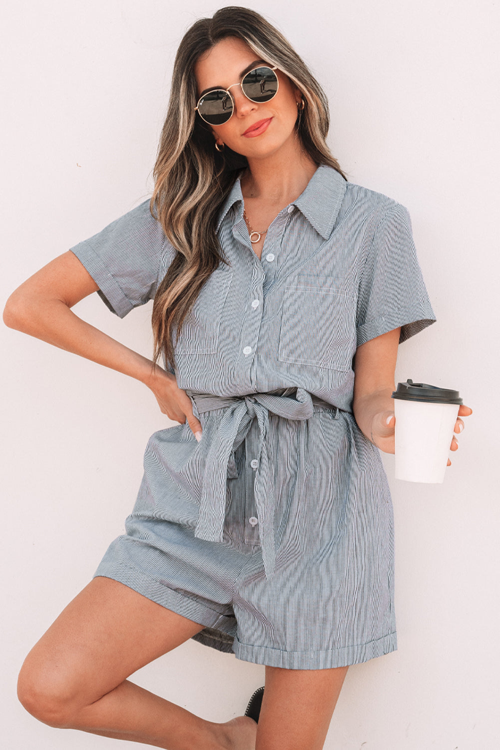 Blue Stripe Chest Pockets Buttoned Belted High Waist Romper-Chaelisa's New Jammies