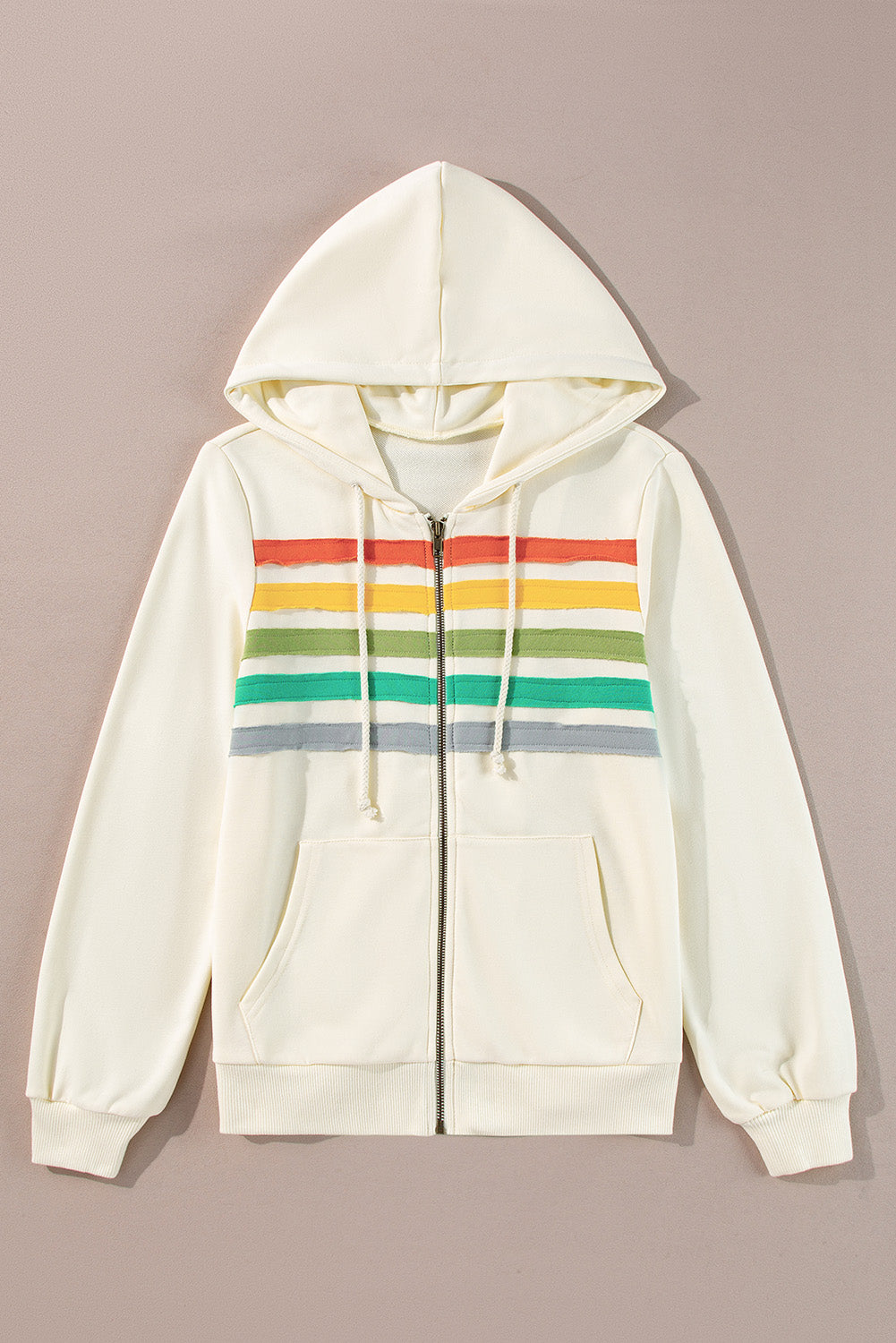 Apricot Colorblock Striped Patchwork Side Pockets Zipper Hoodie-Chaelisa's New Jammies