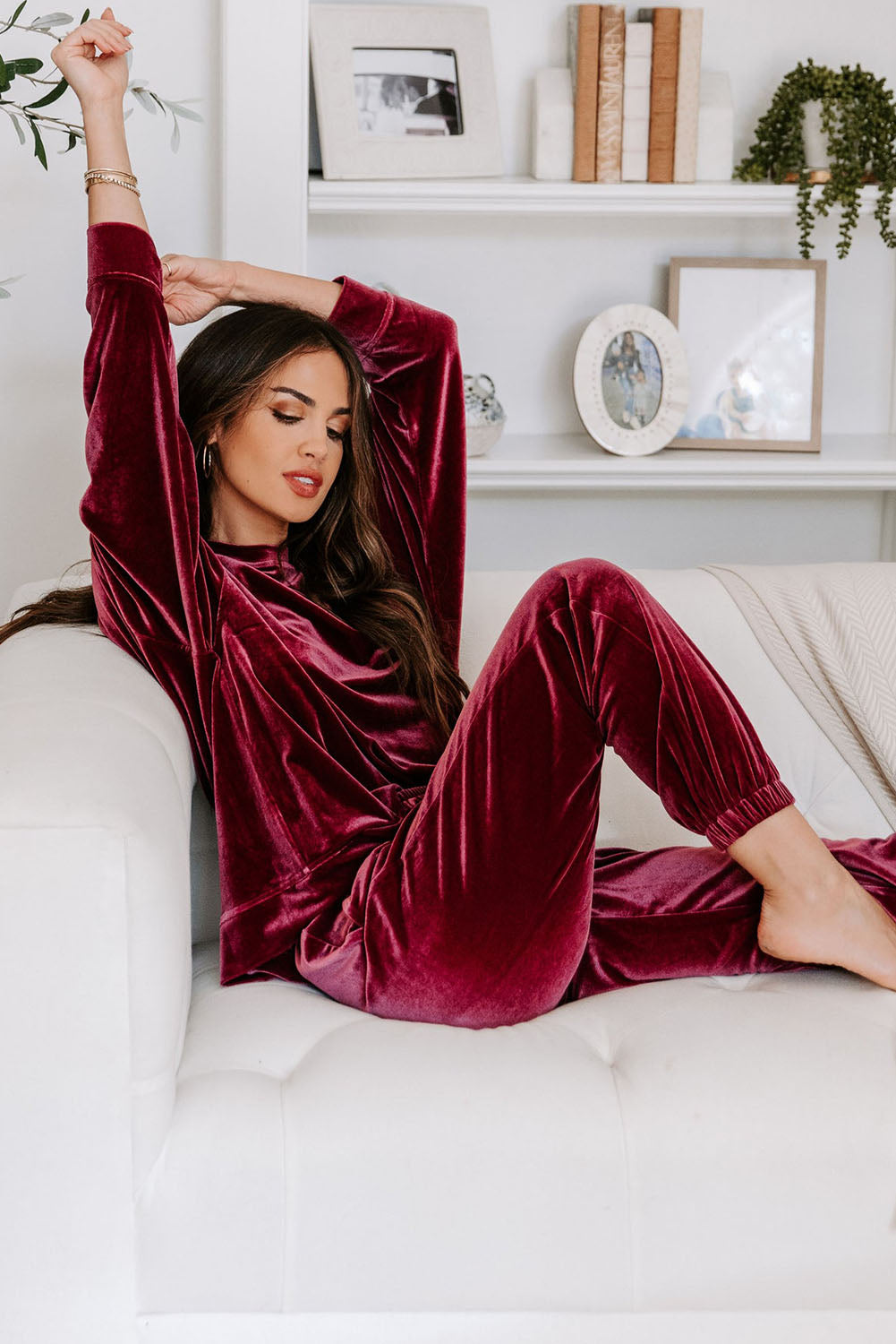 Fiery Red Solid Velvet Two Piece Lounge Set-Chaelisa's New Jammies