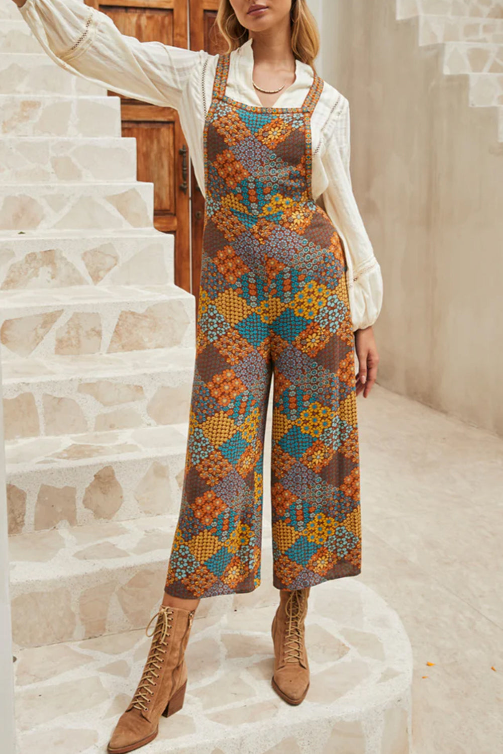 Multicolour Boho Floral Print Crossed Straps Ankle-length Jumpsuit-Chaelisa's New Jammies
