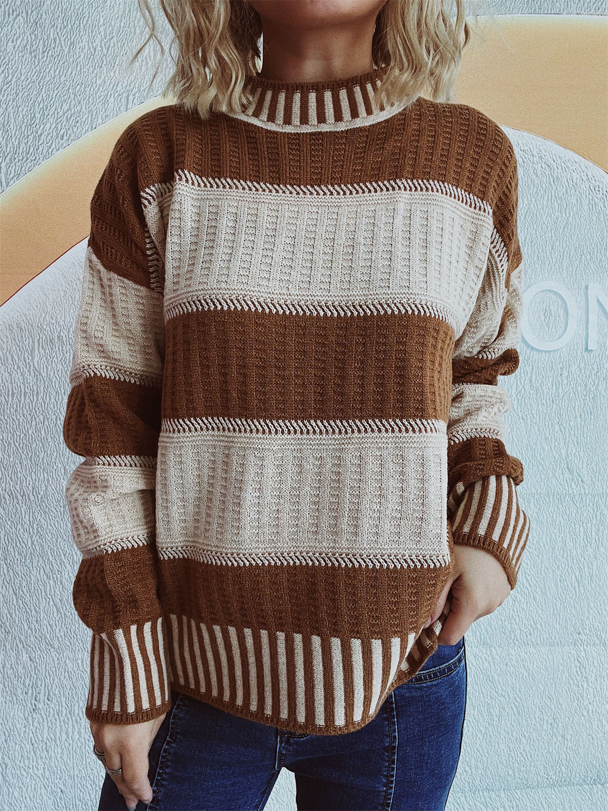 Contrast Round Neck Long Sleeve Sweater-Chaelisa's New Jammies