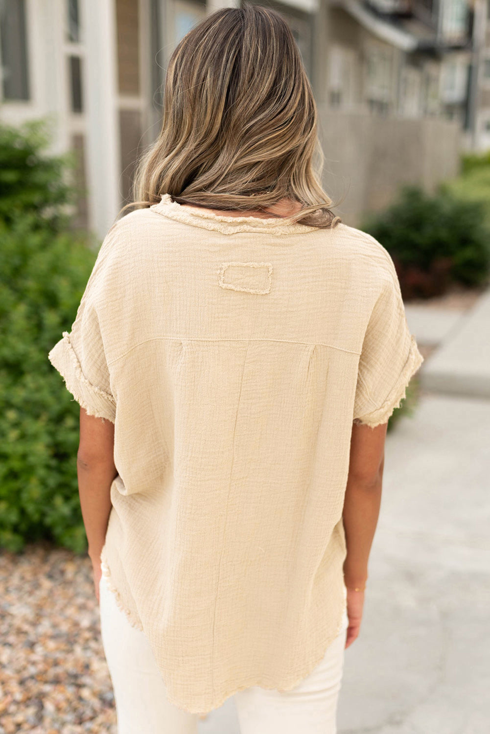 Parchment Crinkle Textured Frayed Trim Half Button Short Sleeve Top-Chaelisa's New Jammies