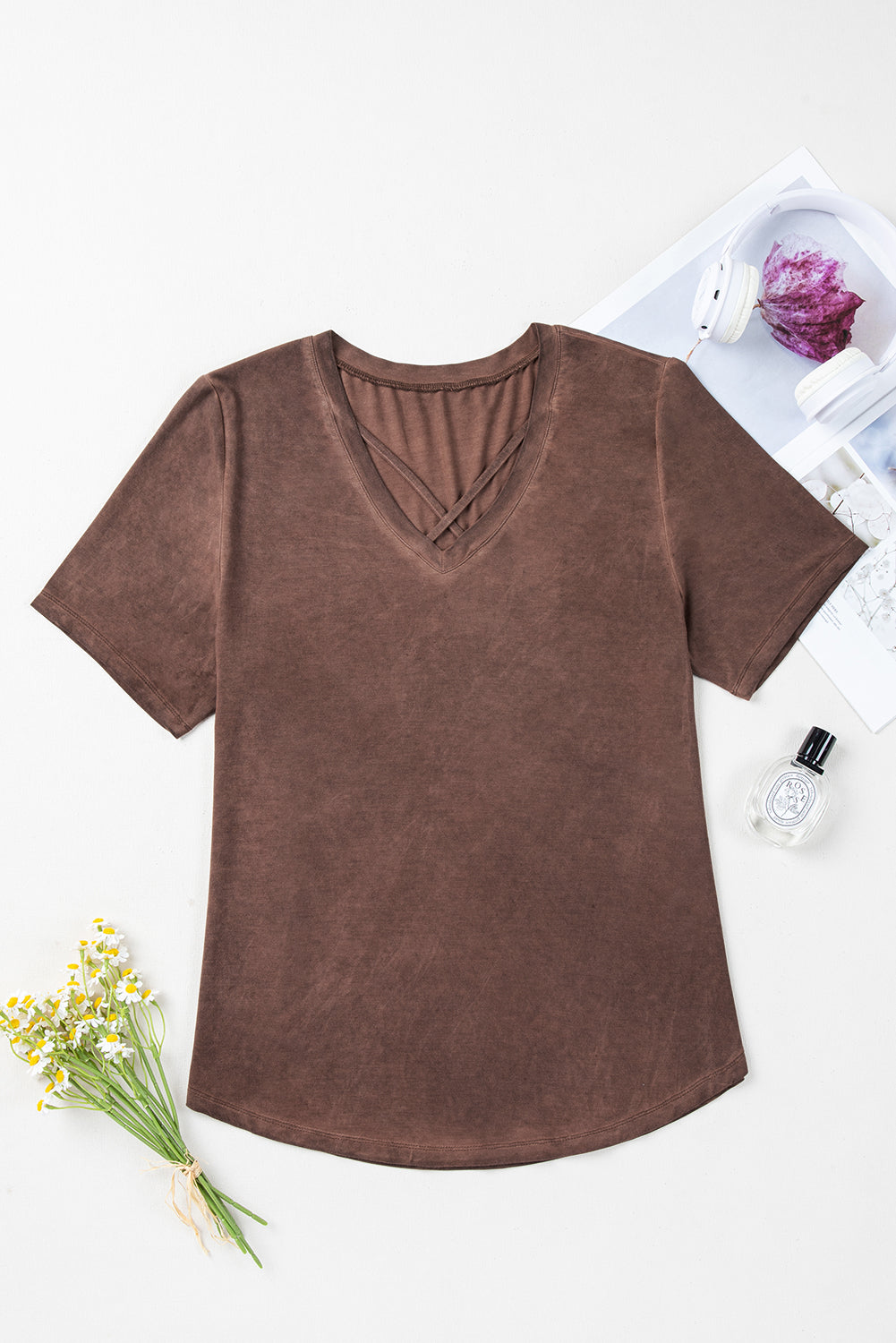 Chestnut Mineral Wash Criss Cross V Neck Casual T Shirt-Chaelisa's New Jammies