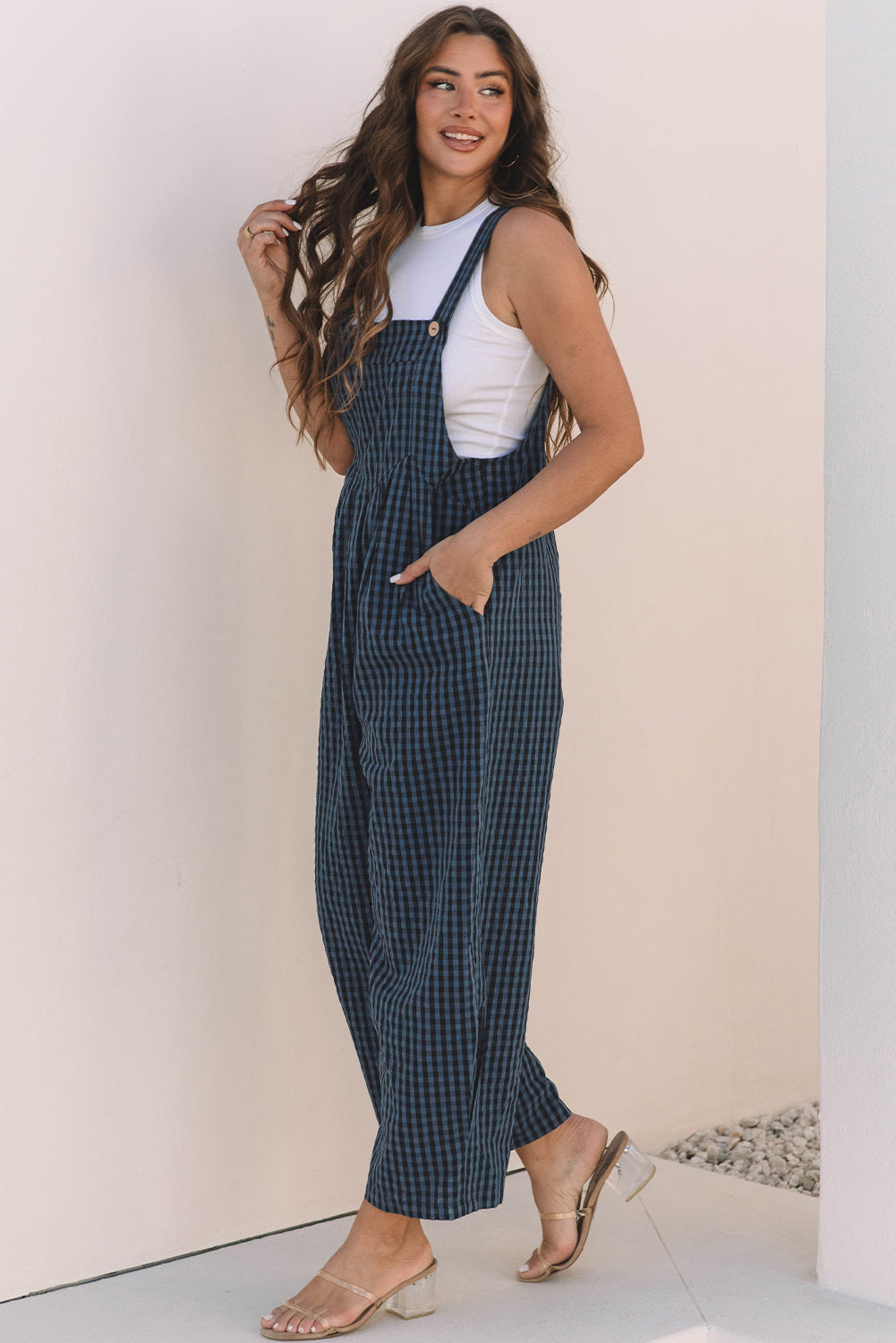 Sail Blue Plaid Print Buttoned Pocketed High Waist Overall-Chaelisa's New Jammies