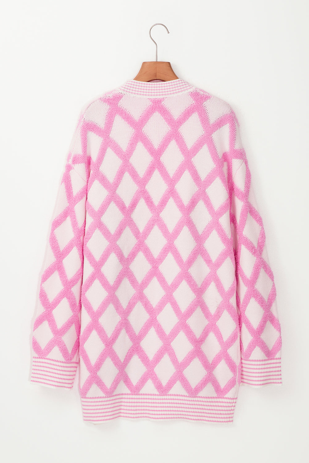 Pink Rhombus Pattern Knit Open Front Pocketed Cardigans-Chaelisa's New Jammies