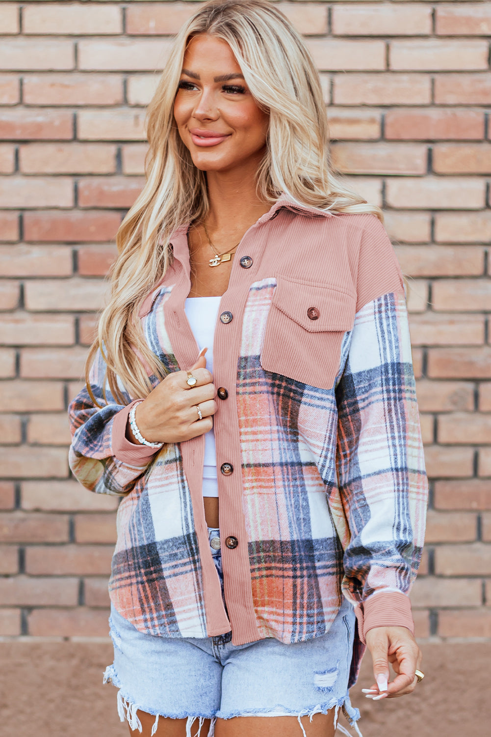 Light Pink Plaid Corduroy Patchwork Pocket Loose Shacket-Chaelisa's New Jammies