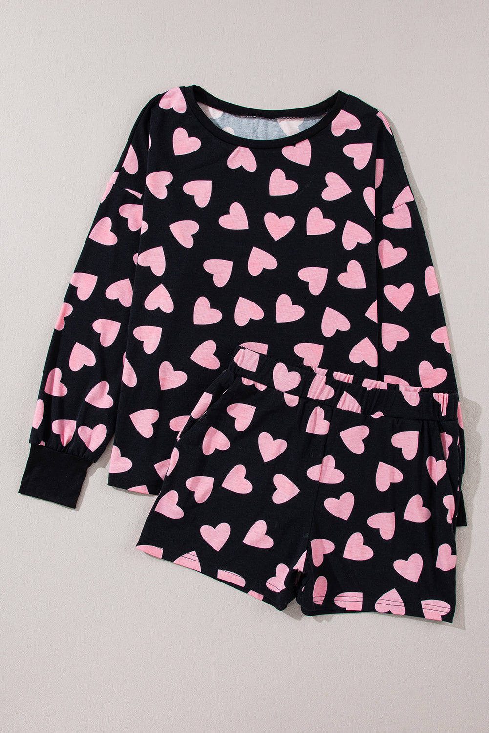 Black Valentine Heart Shape Print Long Sleeve Top Shorts Lounge Set-Chaelisa's New Jammies