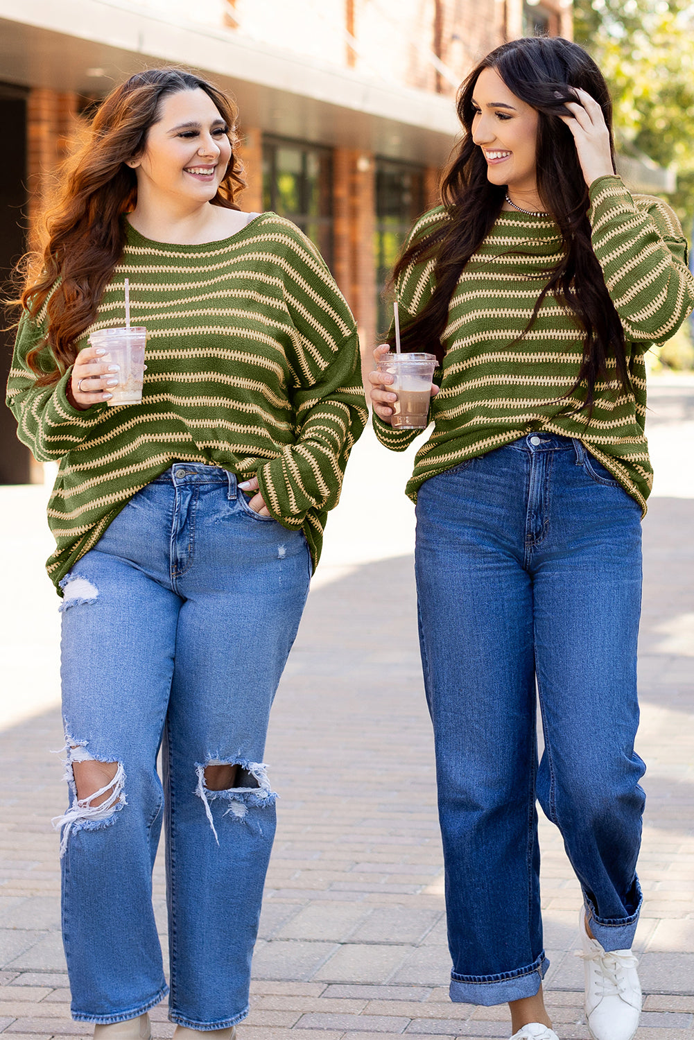Green Stripe Drop Shoulder Casual Sweater-Chaelisa's New Jammies
