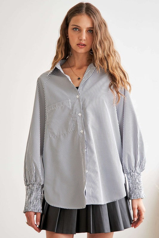 ADORA High-Low Striped Button Down Smocked Lantern Sleeve Shirt-Chaelisa's New Jammies