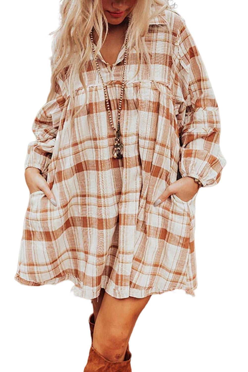Brown Plaid Print Side Pockets Frilled Babydoll Mini Dress-Chaelisa's New Jammies