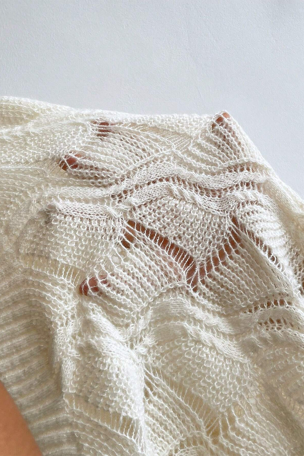 Beige Hollow Out Knit V Neck Drop Shoulder Sweater-Chaelisa's New Jammies