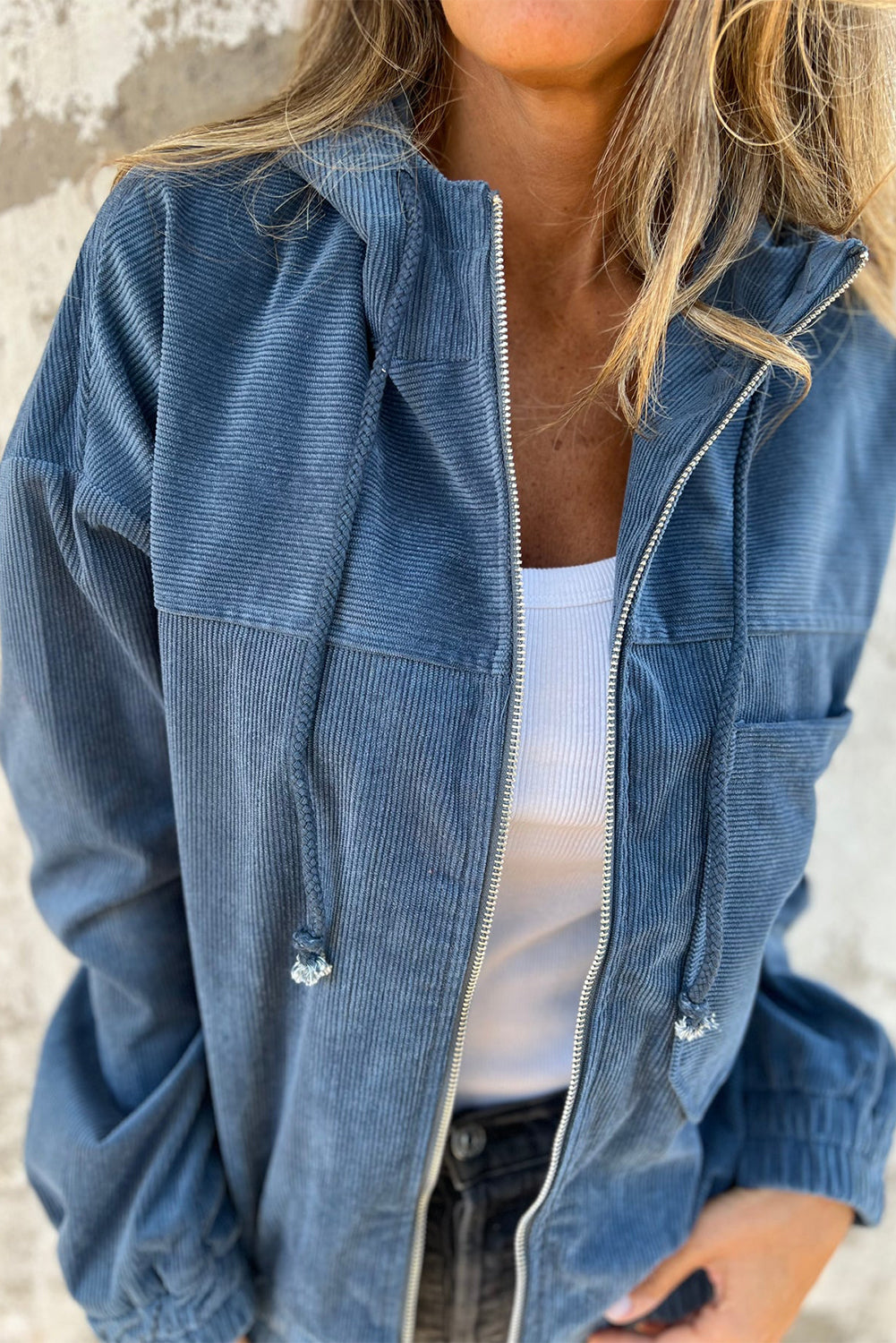 Real Teal Corduroy Drawstring Hooded Pocket Zip Up Jacket-Chaelisa's New Jammies