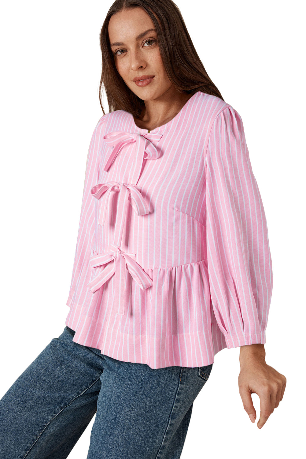 Pink Stripe Bowknot Front Crew Neck Puff Sleeve Blouse-Chaelisa's New Jammies