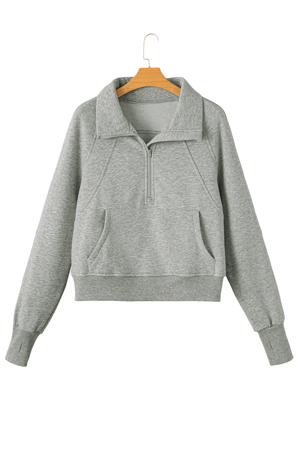 Gray Zip Up Stand Collar Ribbed Thumbhole Sleeve Sweatshirt-Chaelisa's New Jammies