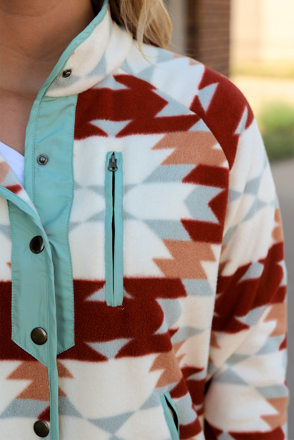 Fiery Red Western Aztec Buttoned Zipper Pockets Fleece Jacket-Chaelisa's New Jammies