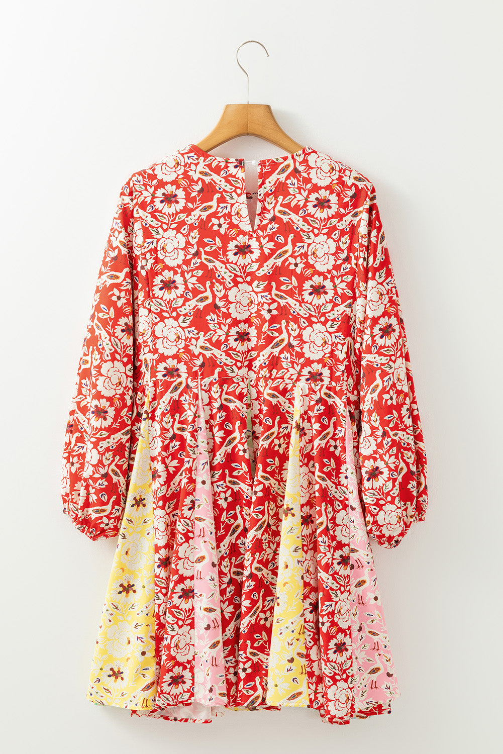 Red Colorful Floral Patchwork Long Sleeve Pleated Mini Dress-Chaelisa's New Jammies