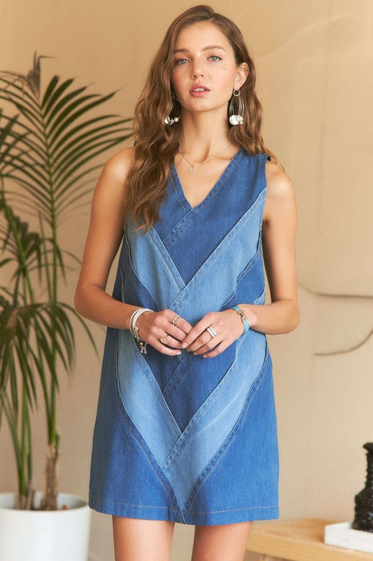 ADORA Chevron Color Block V-Neck Denim Dress-Chaelisa's New Jammies